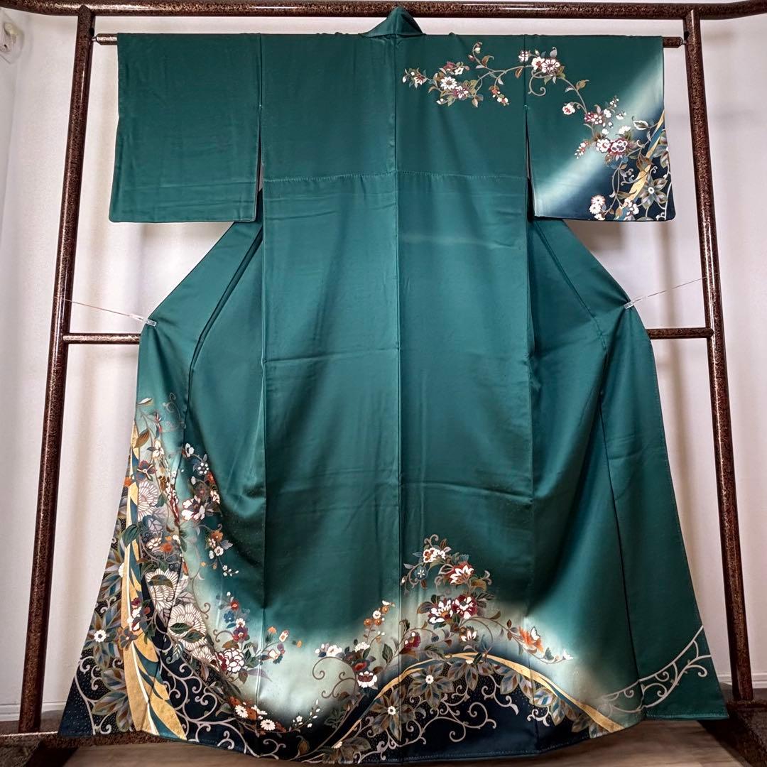 超美品　訪問着　正絹　現代　着物　青緑　紺　青　黄色　光沢　165裄68