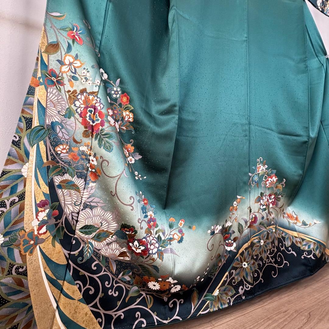 超美品　訪問着　正絹　現代　着物　青緑　紺　青　黄色　光沢　165裄68