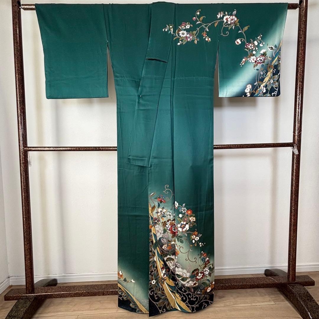 超美品　訪問着　正絹　現代　着物　青緑　紺　青　黄色　光沢　165裄68