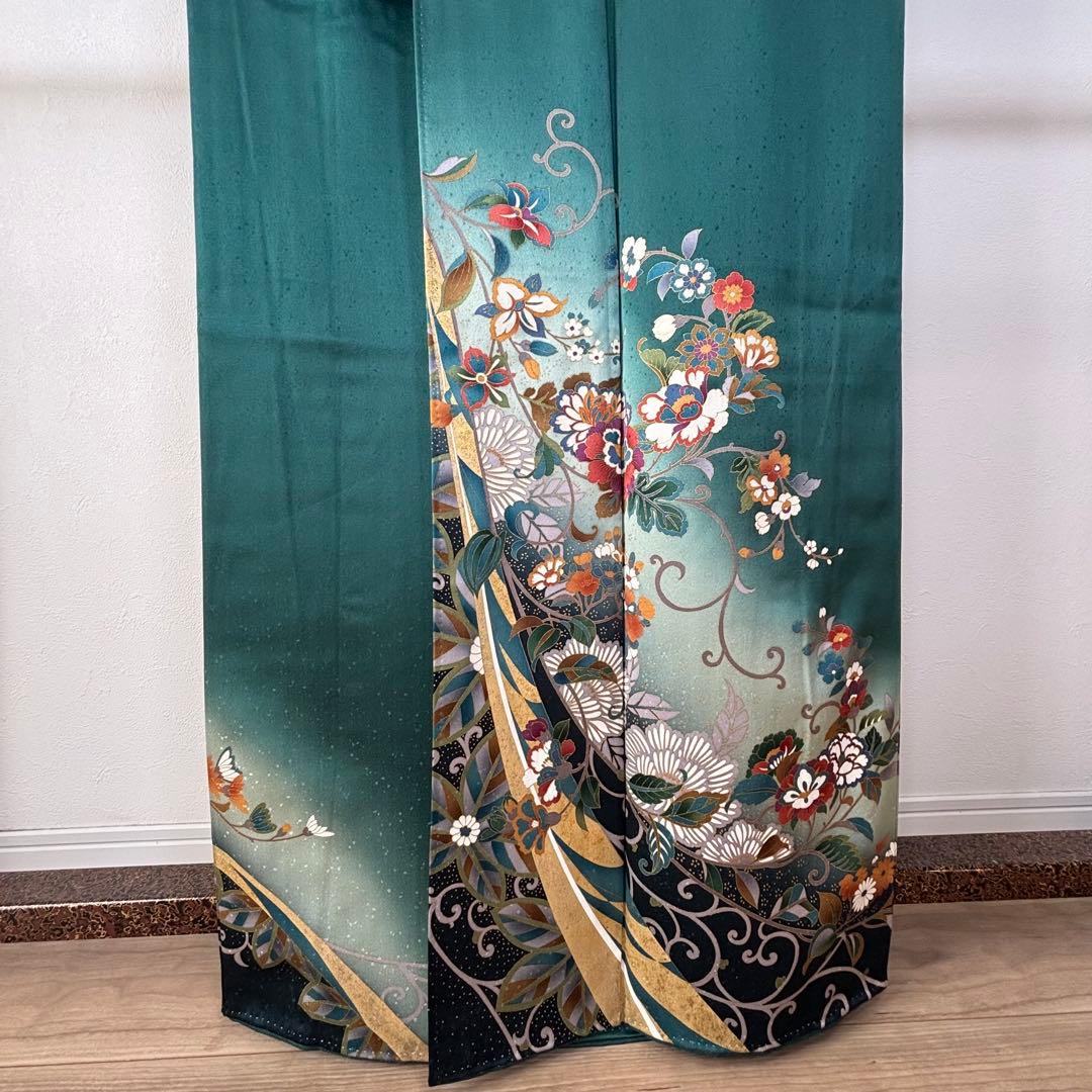 超美品　訪問着　正絹　現代　着物　青緑　紺　青　黄色　光沢　165裄68