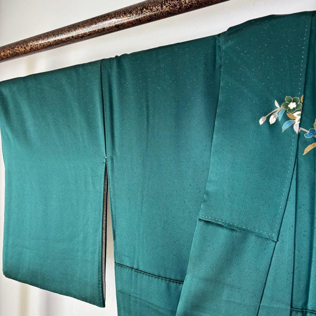 超美品　訪問着　正絹　現代　着物　青緑　紺　青　黄色　光沢　165裄68