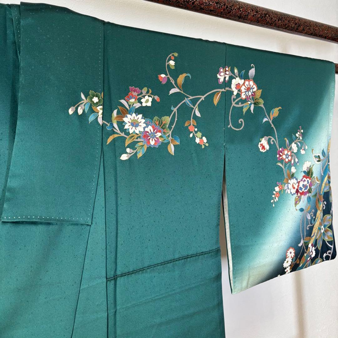 超美品　訪問着　正絹　現代　着物　青緑　紺　青　黄色　光沢　165裄68