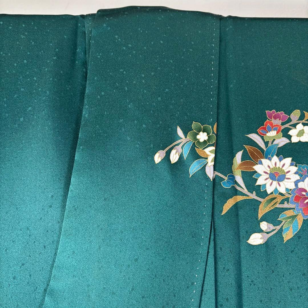 超美品　訪問着　正絹　現代　着物　青緑　紺　青　黄色　光沢　165裄68