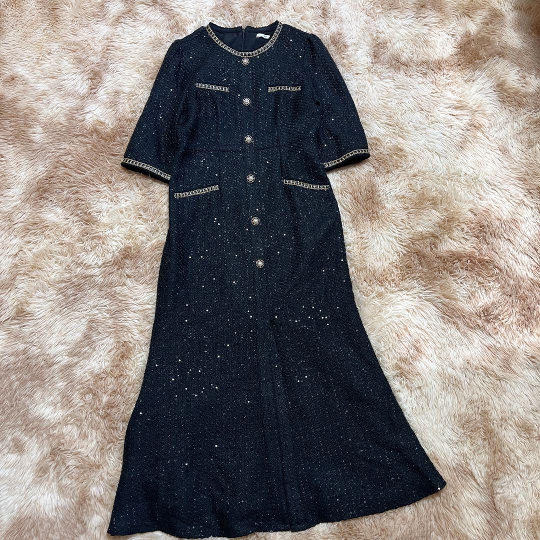 Leja (M) ラメ混ツイードレザーパイピングパール釦スパンコールマーメイド