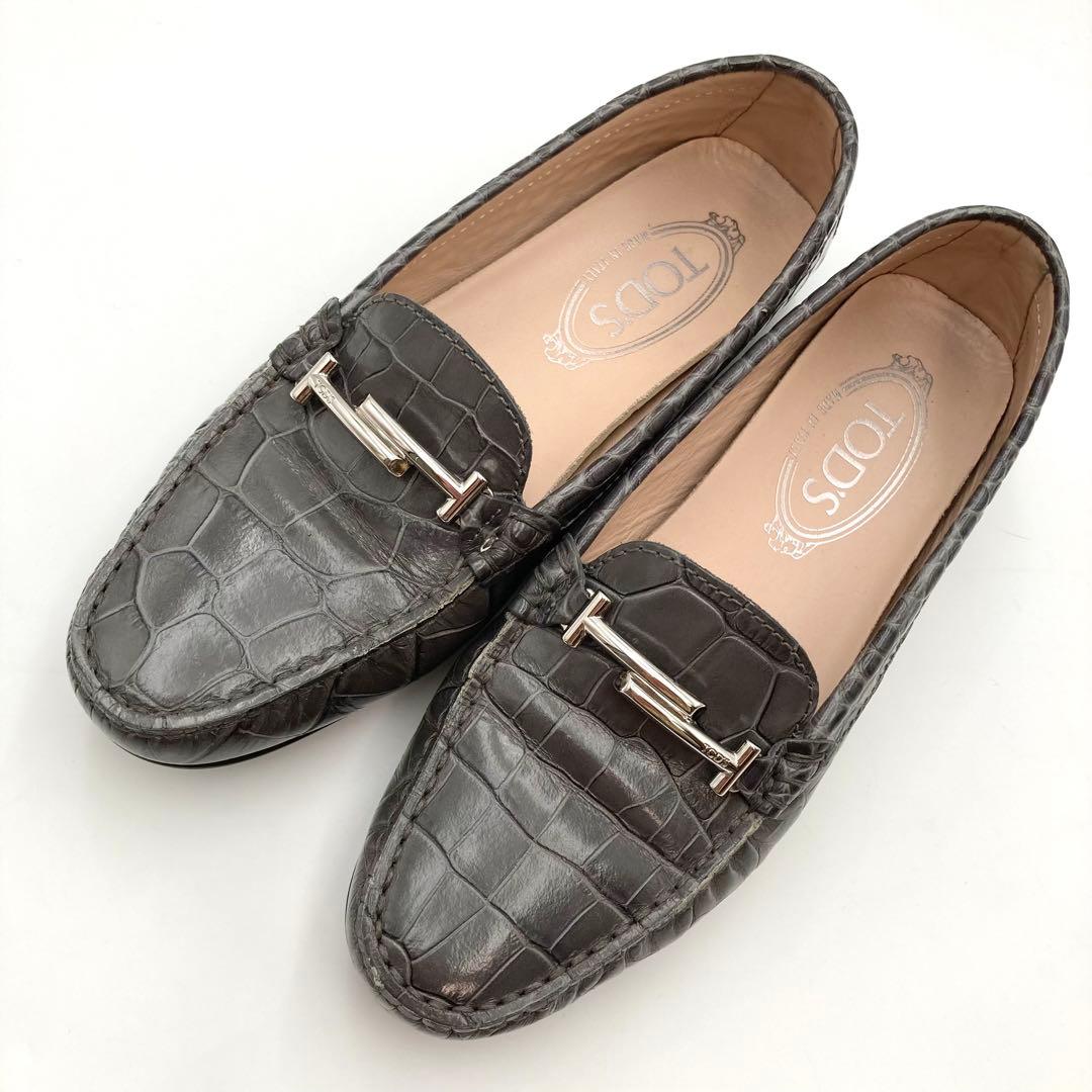 Kuma33✨ TOD'S ローファー 革靴 ダブルT グレー クロコ