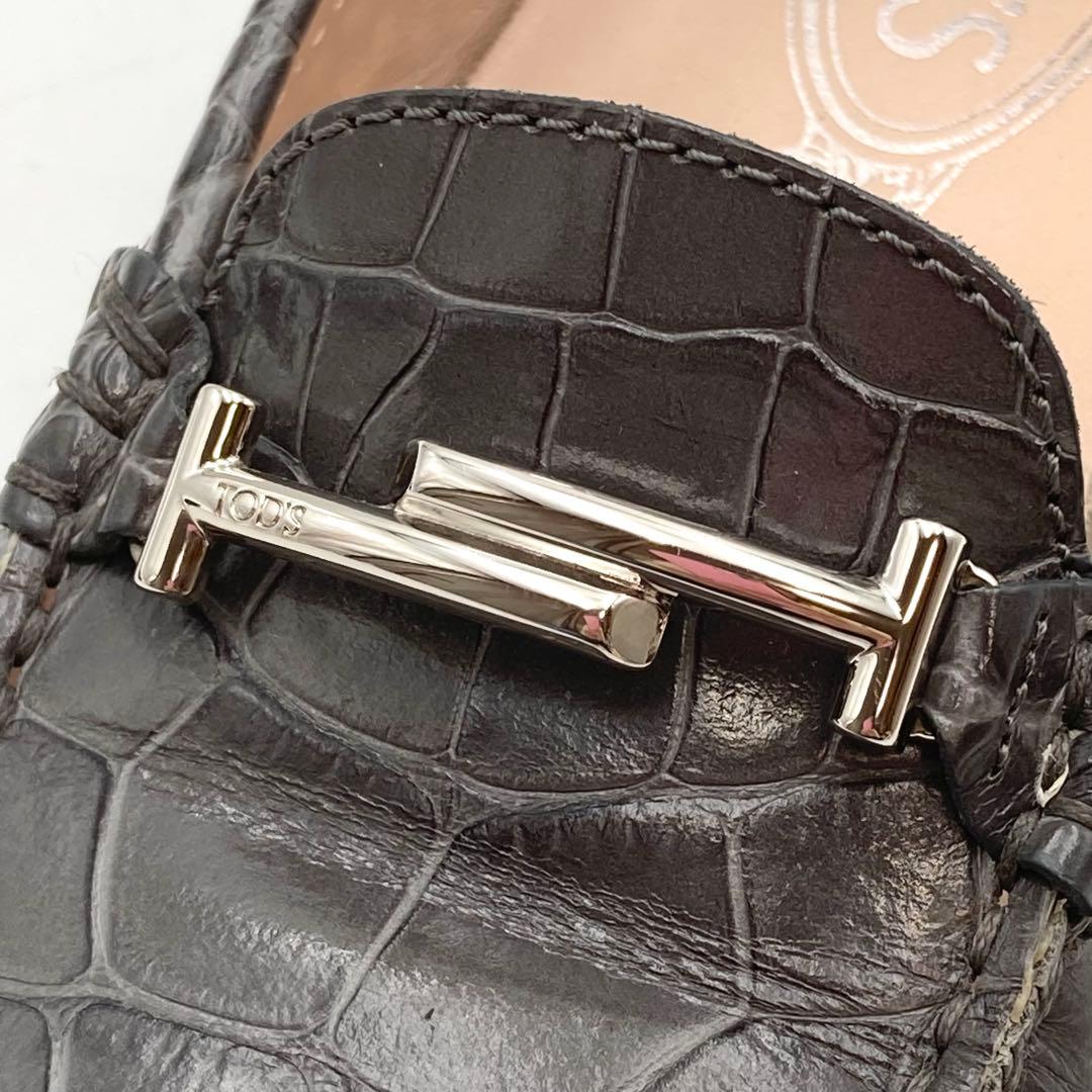 Kuma33✨ TOD'S ローファー 革靴 ダブルT グレー クロコ