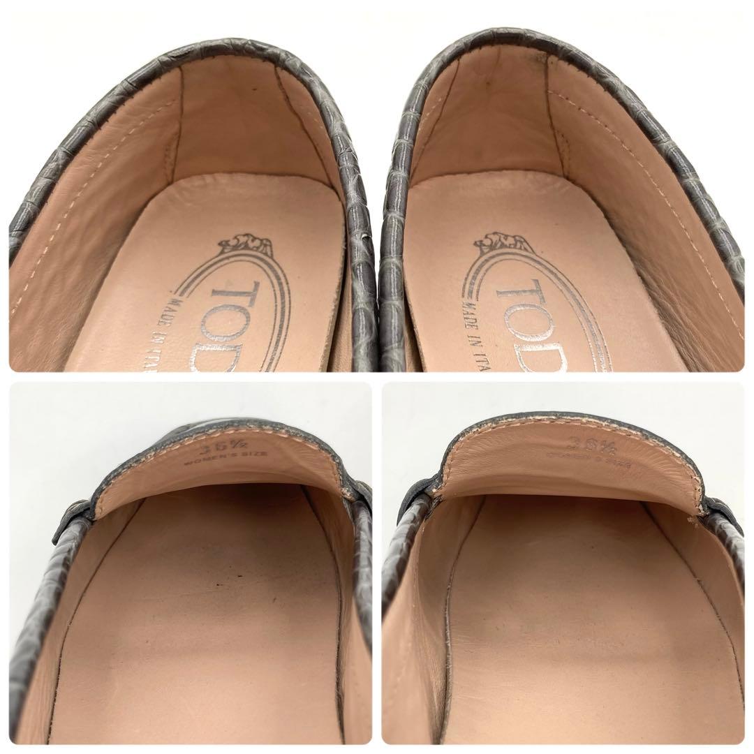 Kuma33✨ TOD'S ローファー 革靴 ダブルT グレー クロコ