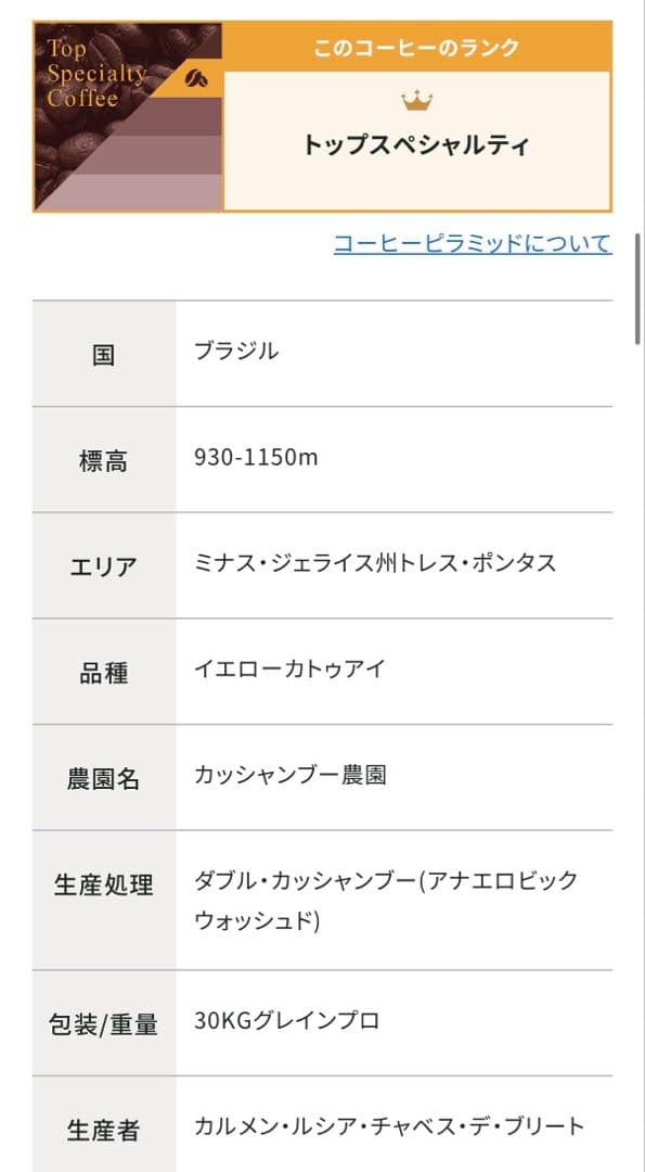 【コーヒー生豆】【未開封】ブラジル　カッシャンブー　イエローカトゥアイ　5kg