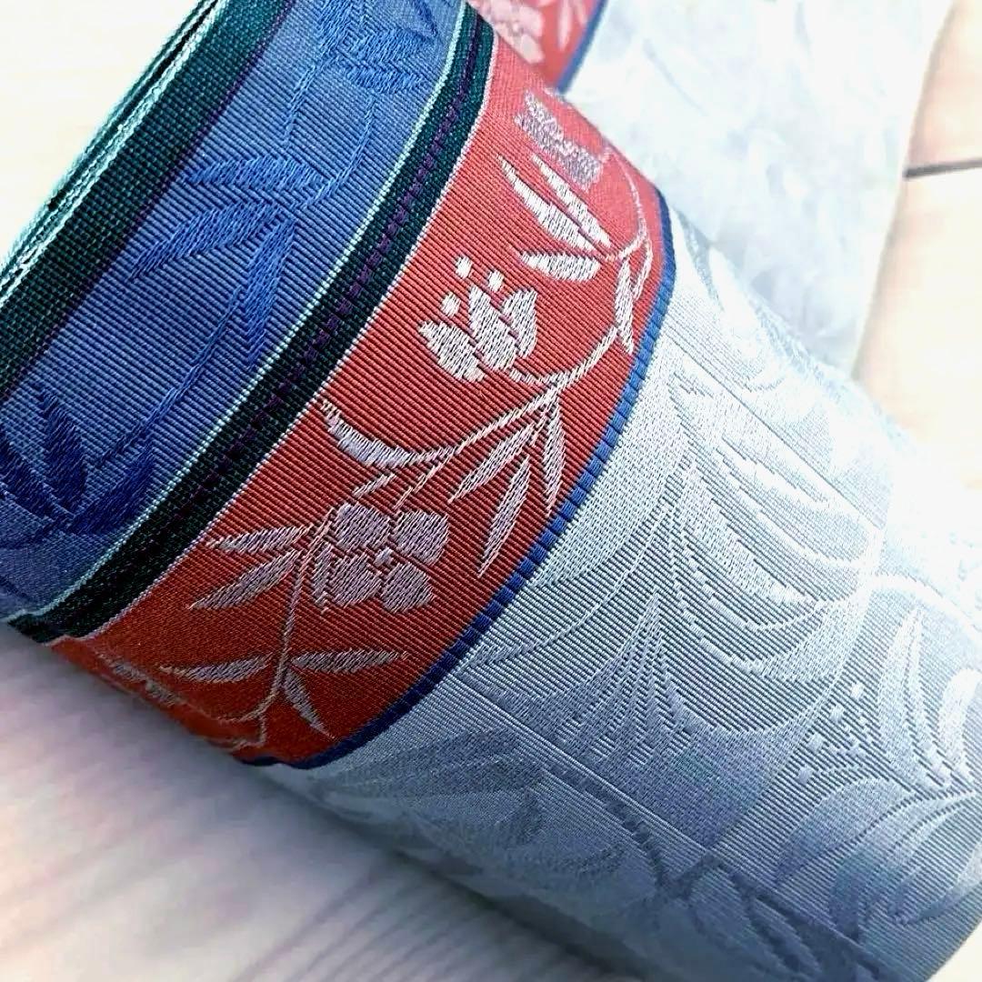 本場筑前博多織　半幅帯　タグ付　花唐草模様　ブルーグレー　No.3-22