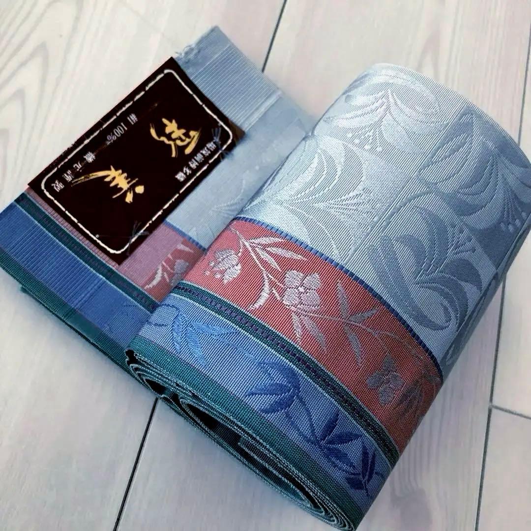 本場筑前博多織　半幅帯　タグ付　花唐草模様　ブルーグレー　No.3-22