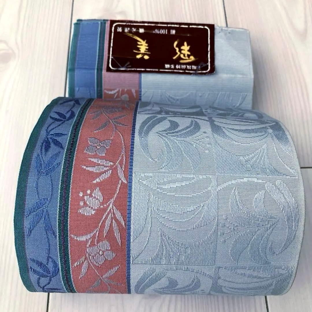 本場筑前博多織　半幅帯　タグ付　花唐草模様　ブルーグレー　No.3-22