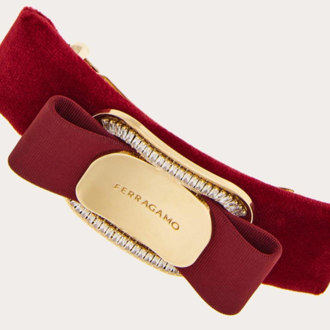 【美品】FERRAGAMOフェラガモ スエードリボンバレッタボルドー ビジュー
