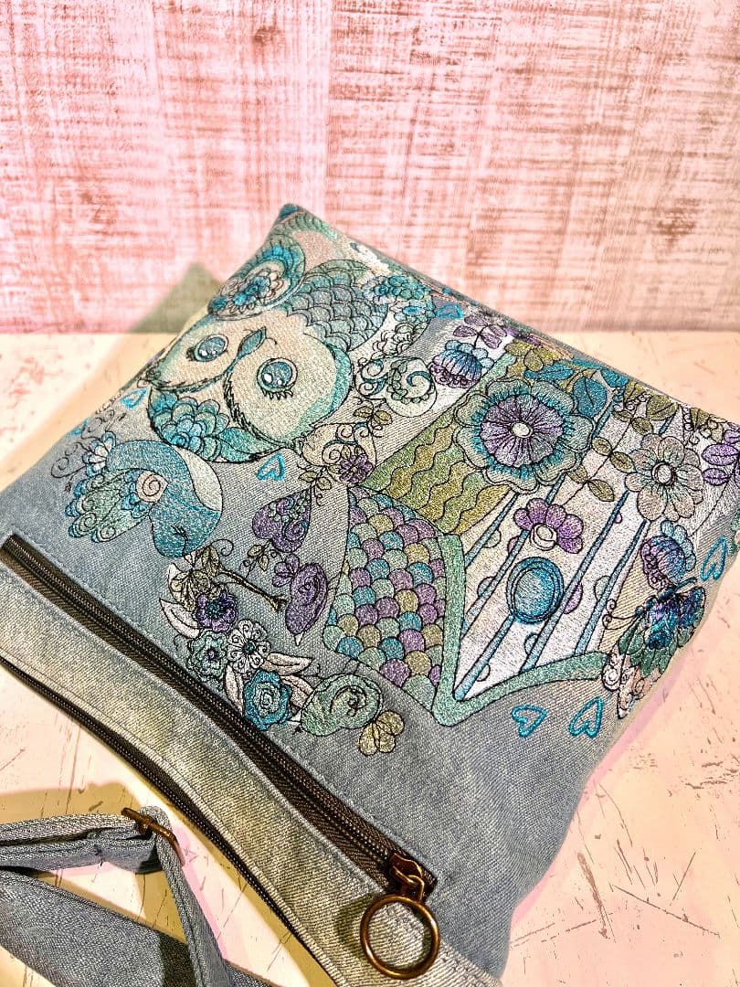 インディゴグラデデニム♡刺繍のふんわり柔らかショルダーバッグ♡フクロウちゃん