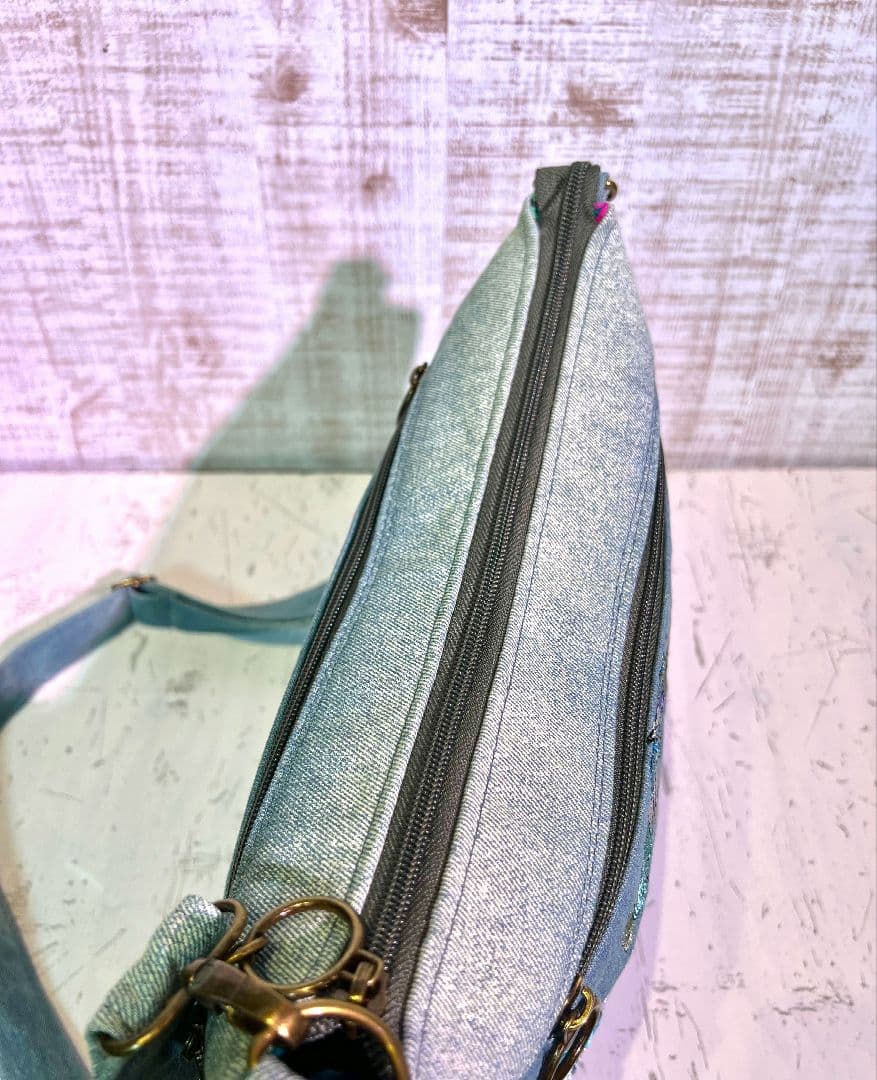 インディゴグラデデニム♡刺繍のふんわり柔らかショルダーバッグ♡フクロウちゃん