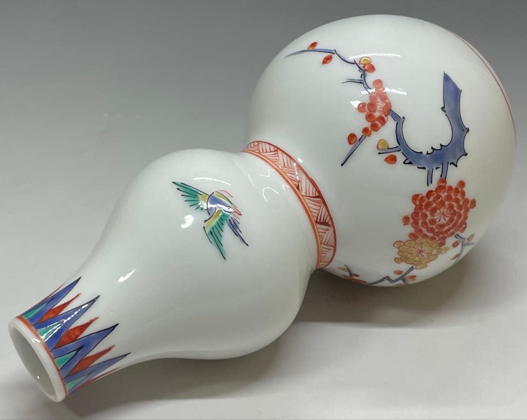 人間国宝　十四代　酒井田柿右衛門　濁手　梅鳥文　花瓶　共箱　栞　Y6466