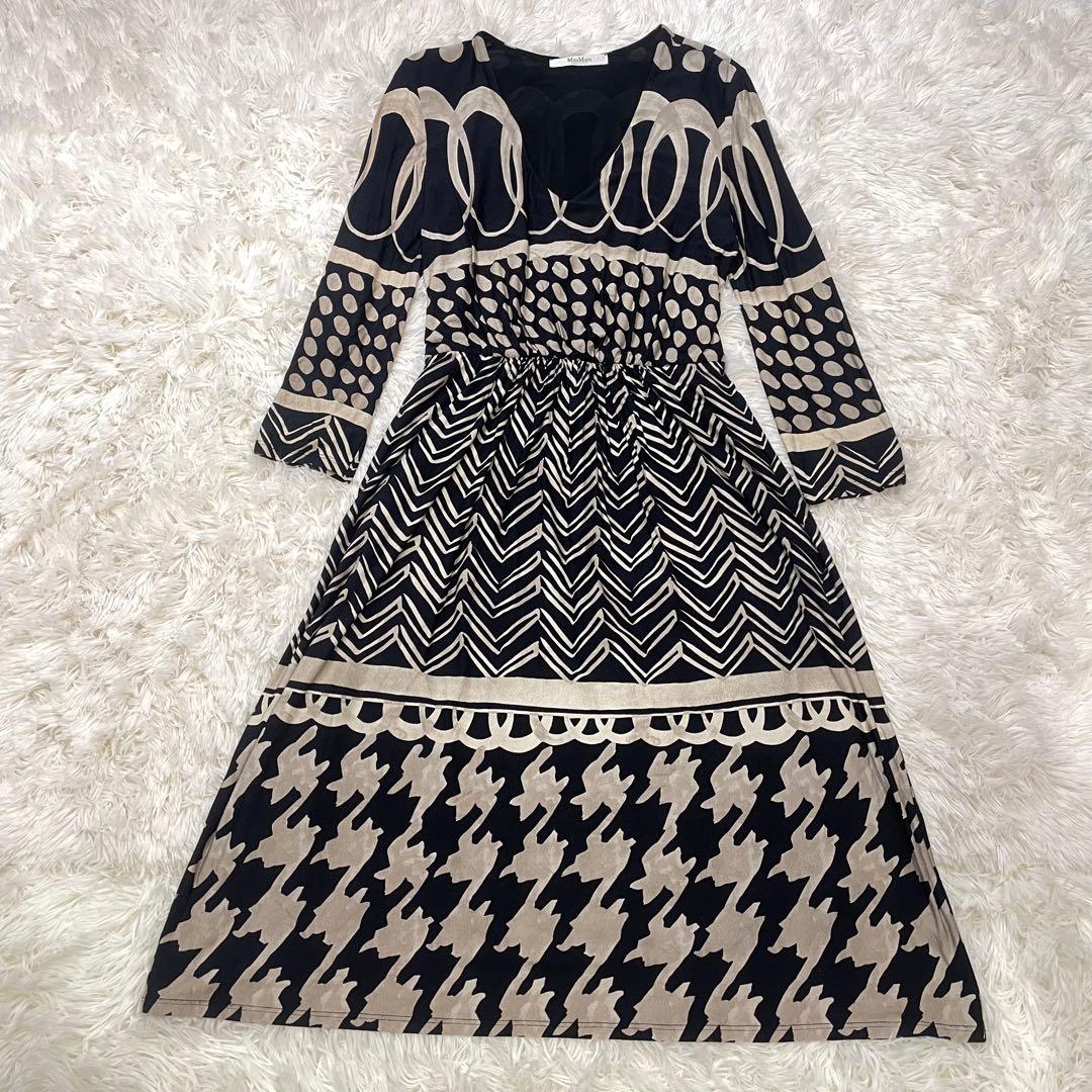 MaxMara 総柄 フレアワンピース 幾何学柄 白タグ ベルト付き 42