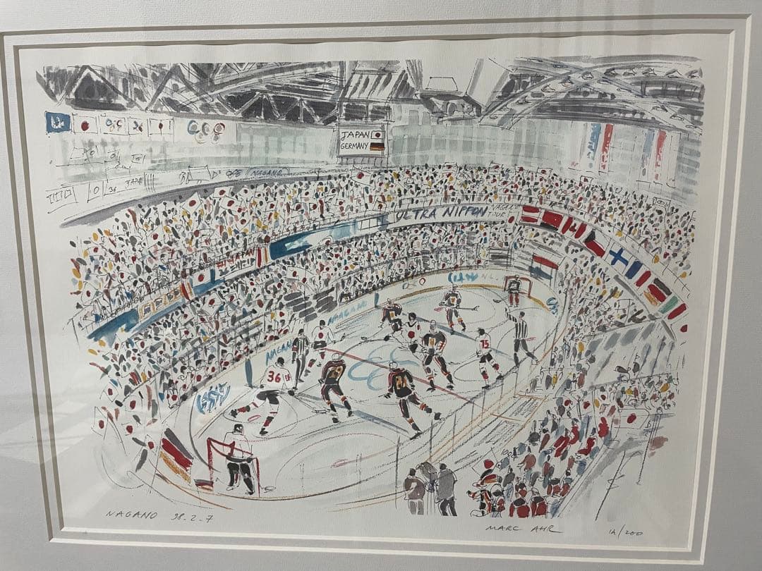 超希少 画家 MARC AHRが描く 長野五輪 アイスホッケー試合 日本対ドイツ