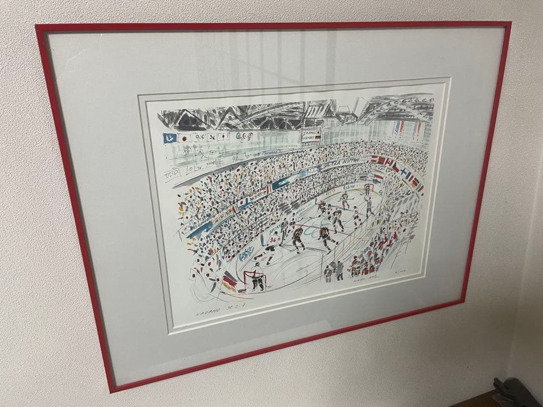 超希少 画家 MARC AHRが描く 長野五輪 アイスホッケー試合 日本対ドイツ