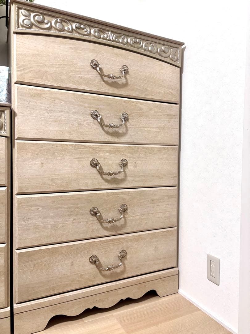 アンティークホワイト チェスト　5段　木製　ⅰ