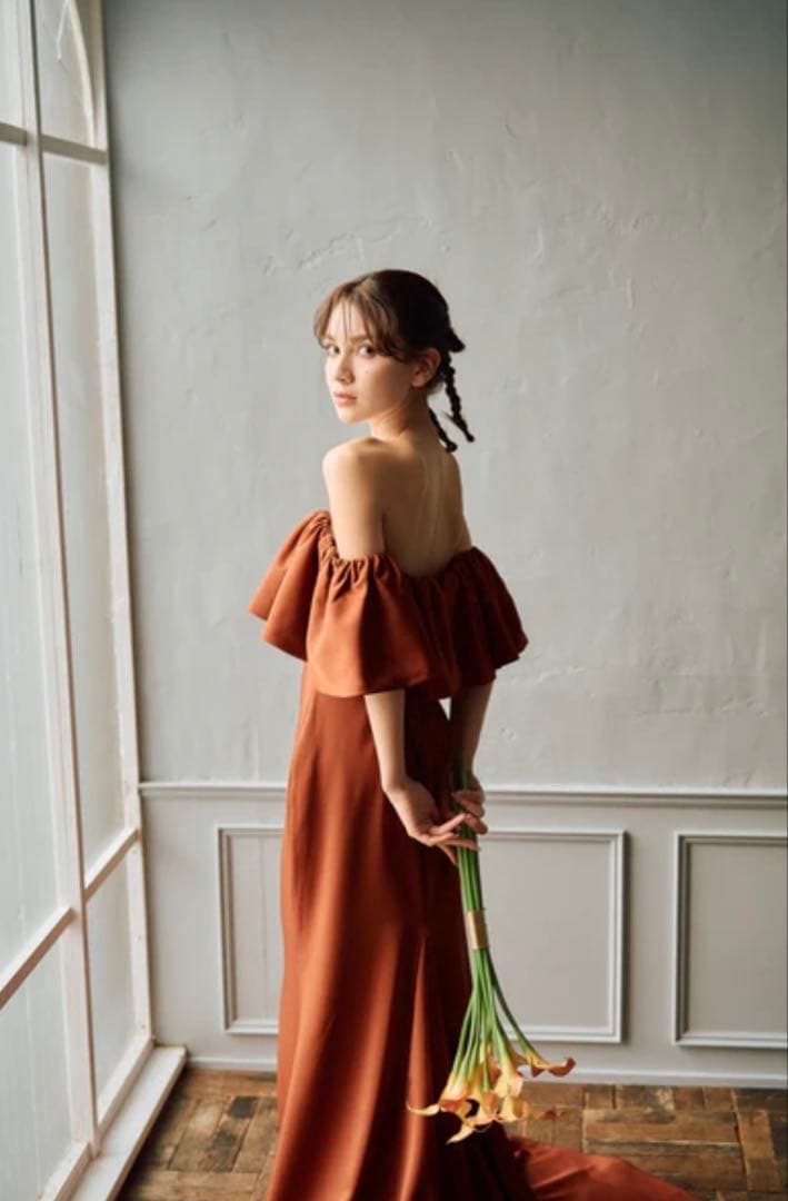 オフショルダー フリル ソフトマーメイドドレス テラコッタ(W300TE)