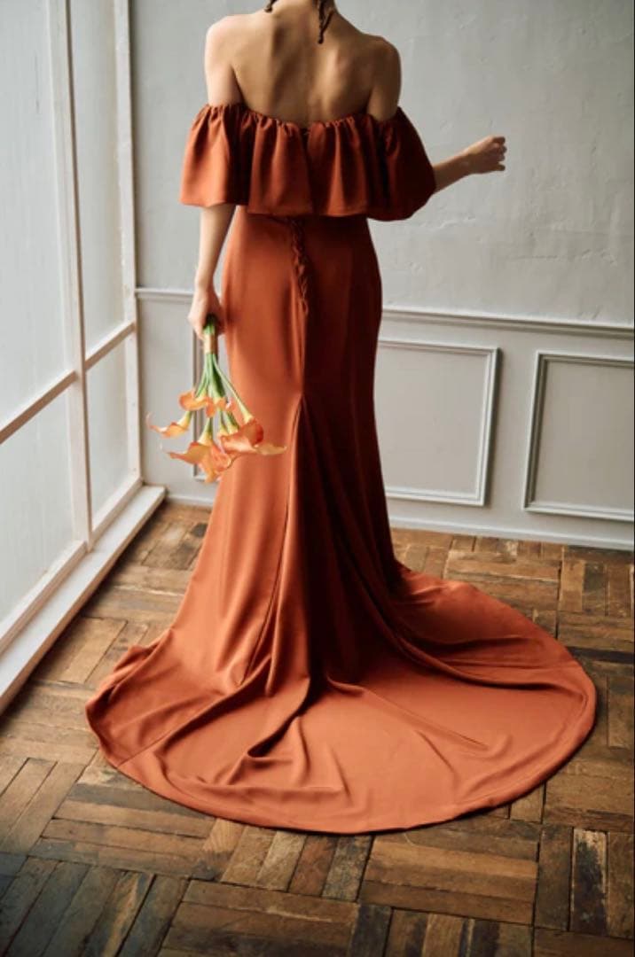 オフショルダー フリル ソフトマーメイドドレス テラコッタ(W300TE)