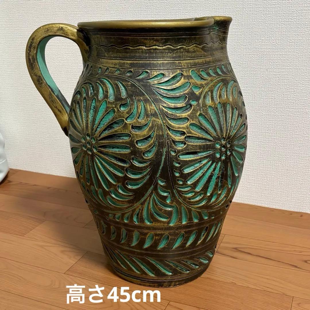 陶器製 壺 花瓶 傘立て つぼ 大　花器 高さ45cm グリーン×ゴールド