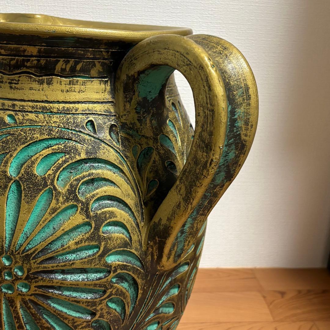 陶器製 壺 花瓶 傘立て つぼ 大　花器 高さ45cm グリーン×ゴールド