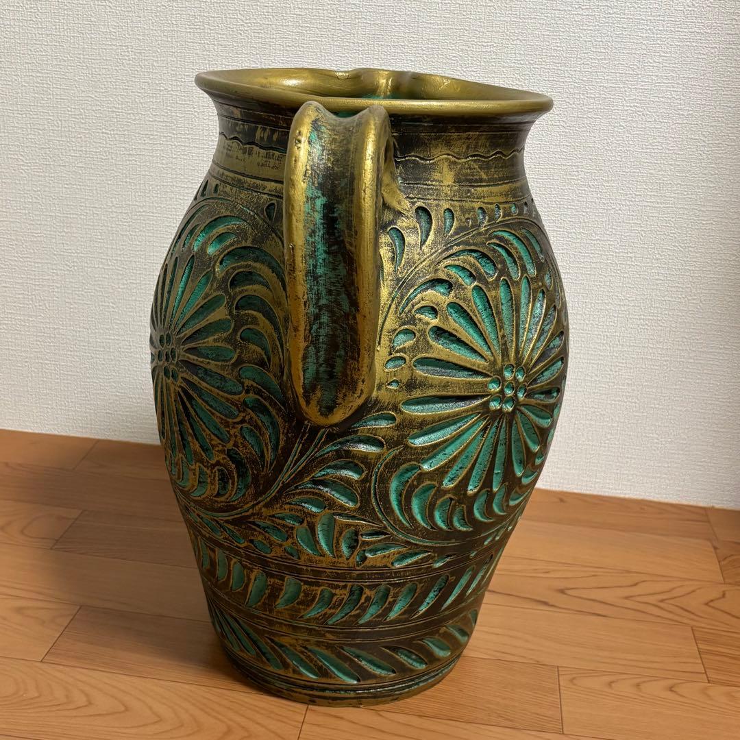 陶器製 壺 花瓶 傘立て つぼ 大　花器 高さ45cm グリーン×ゴールド