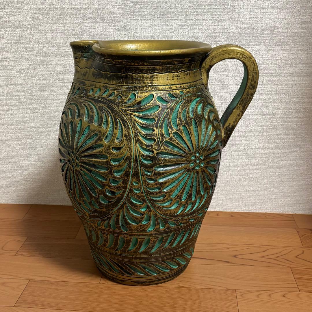 陶器製 壺 花瓶 傘立て つぼ 大　花器 高さ45cm グリーン×ゴールド