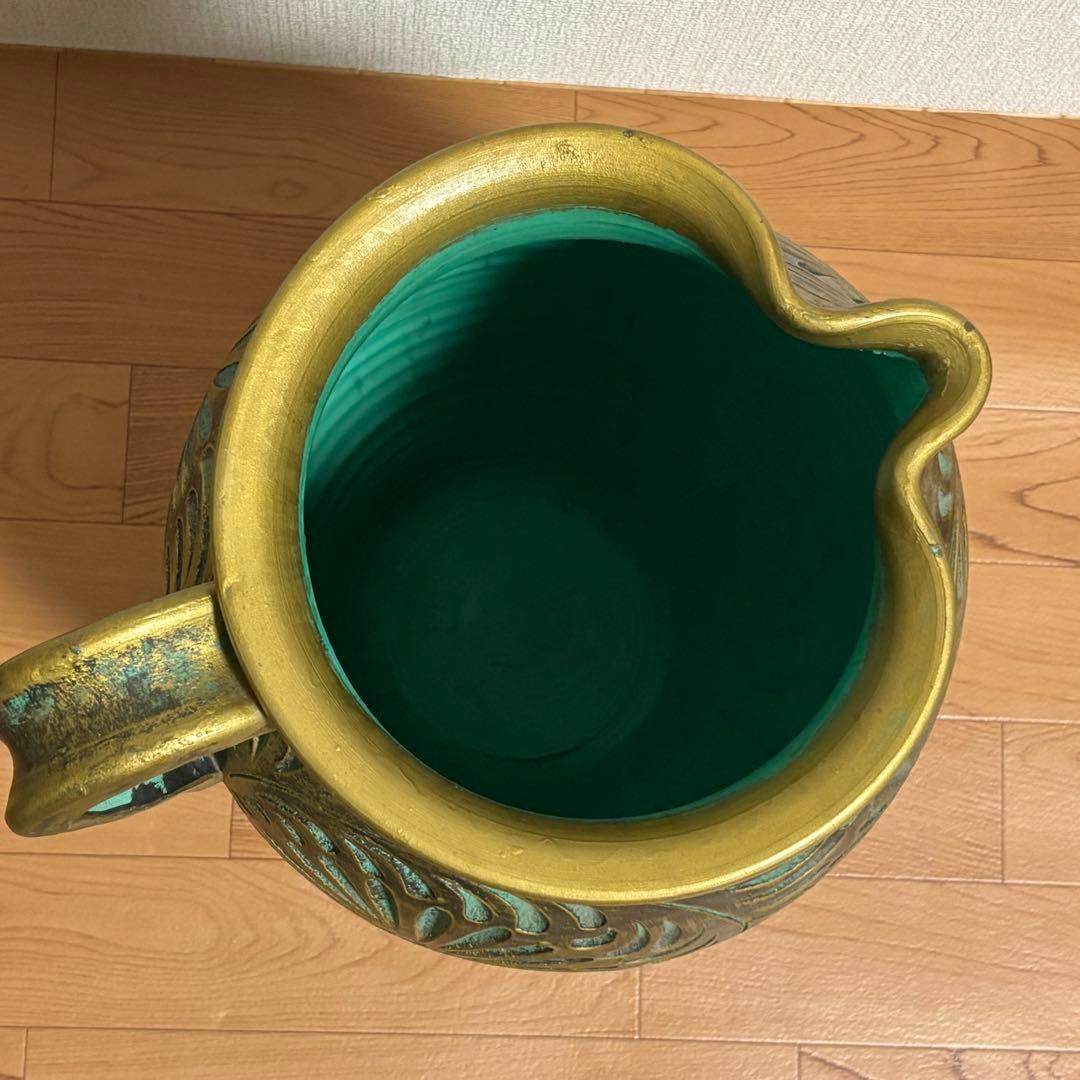 陶器製 壺 花瓶 傘立て つぼ 大　花器 高さ45cm グリーン×ゴールド