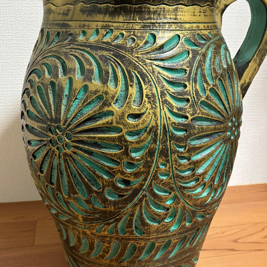 陶器製 壺 花瓶 傘立て つぼ 大　花器 高さ45cm グリーン×ゴールド