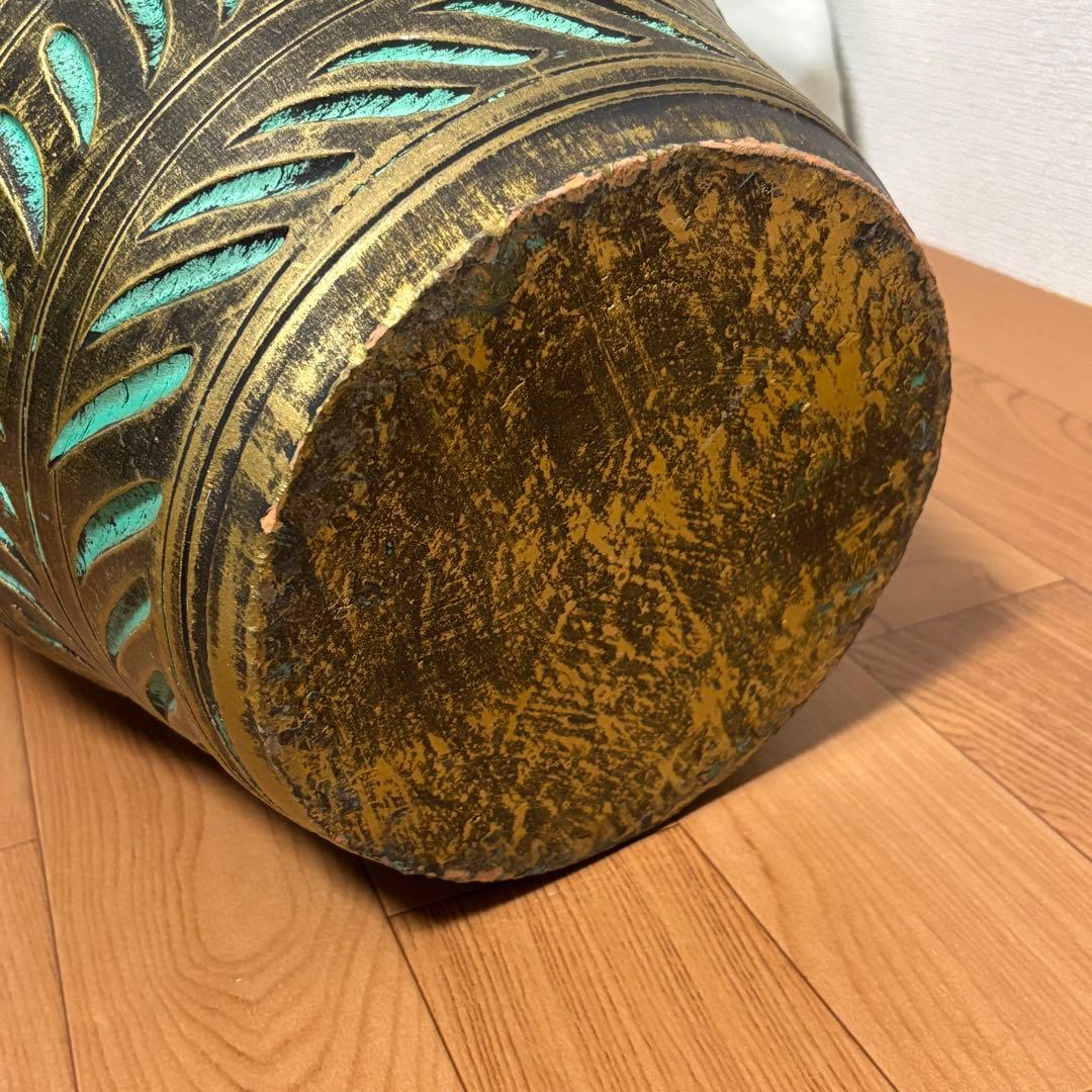 陶器製 壺 花瓶 傘立て つぼ 大　花器 高さ45cm グリーン×ゴールド