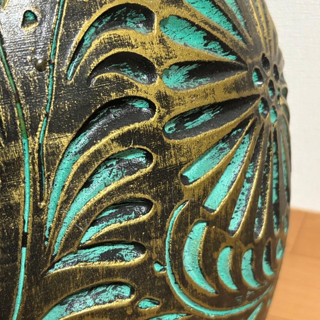 陶器製 壺 花瓶 傘立て つぼ 大　花器 高さ45cm グリーン×ゴールド