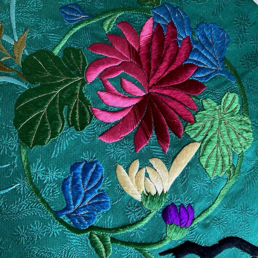 Okuta アンティーク名古屋帯　ターコイズ 刺繍の正絹　洒落帯　N25