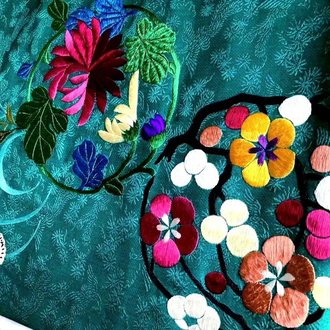 Okuta アンティーク名古屋帯　ターコイズ 刺繍の正絹　洒落帯　N25