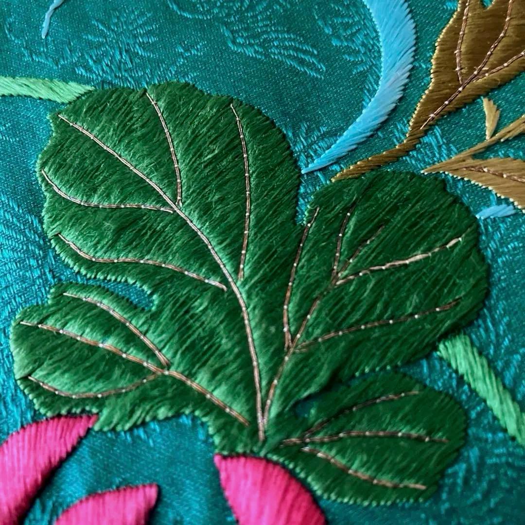 Okuta アンティーク名古屋帯　ターコイズ 刺繍の正絹　洒落帯　N25