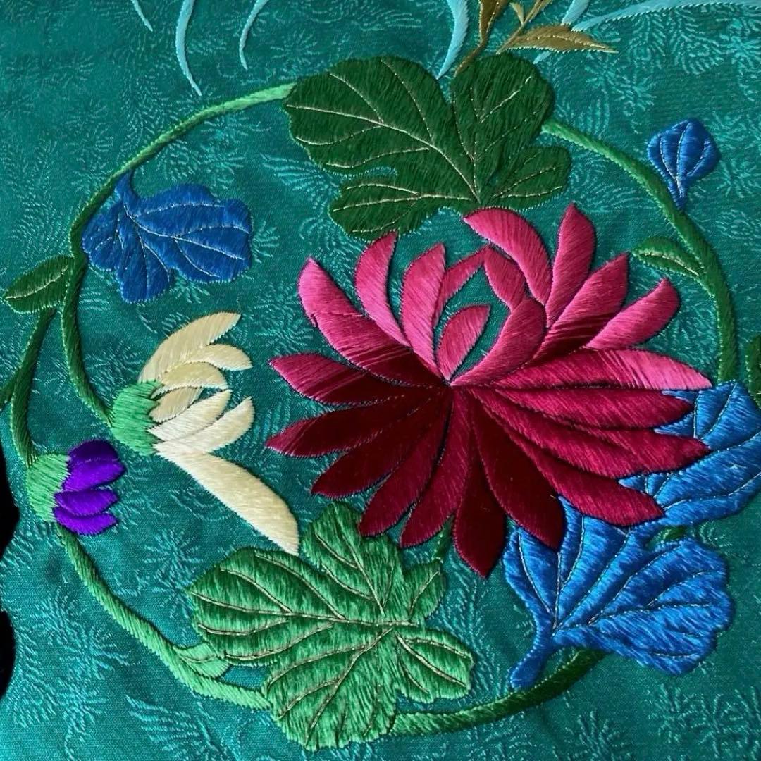 Okuta アンティーク名古屋帯　ターコイズ 刺繍の正絹　洒落帯　N25