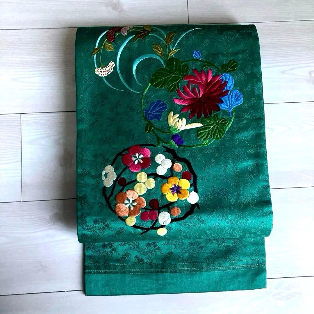 Okuta アンティーク名古屋帯　ターコイズ 刺繍の正絹　洒落帯　N25