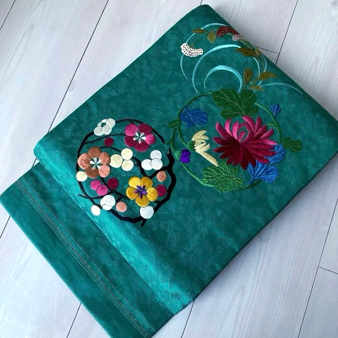 Okuta アンティーク名古屋帯　ターコイズ 刺繍の正絹　洒落帯　N25