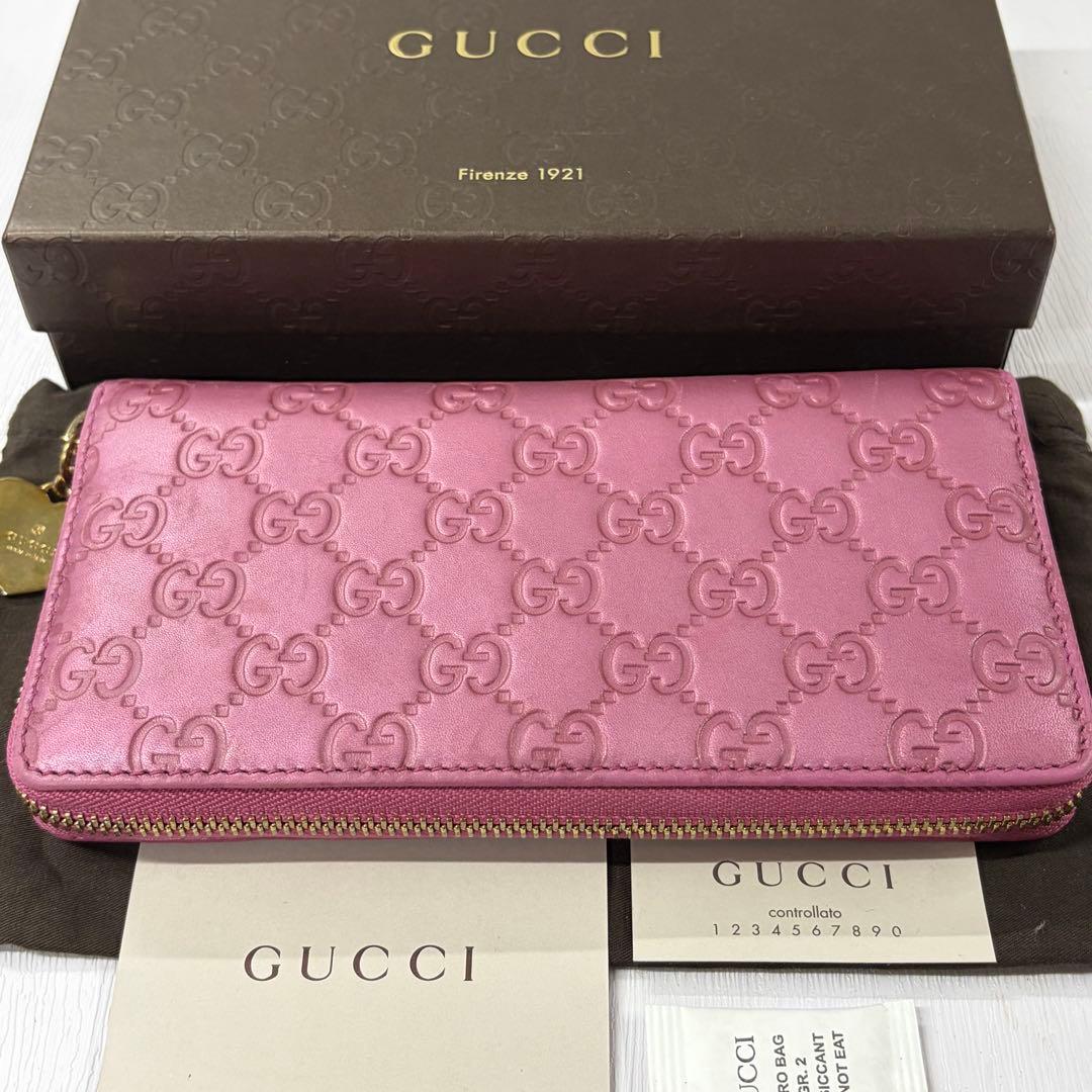 新品同様‼️ グッチ　財布　長財布　シマレザー　ハート金具　ラウンドファスナー