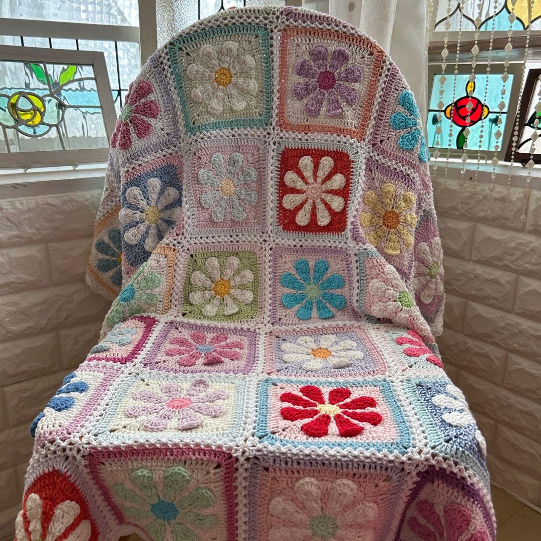 デイジーモチーフ 手編み マルチカバー ブラケット 大判 コットン