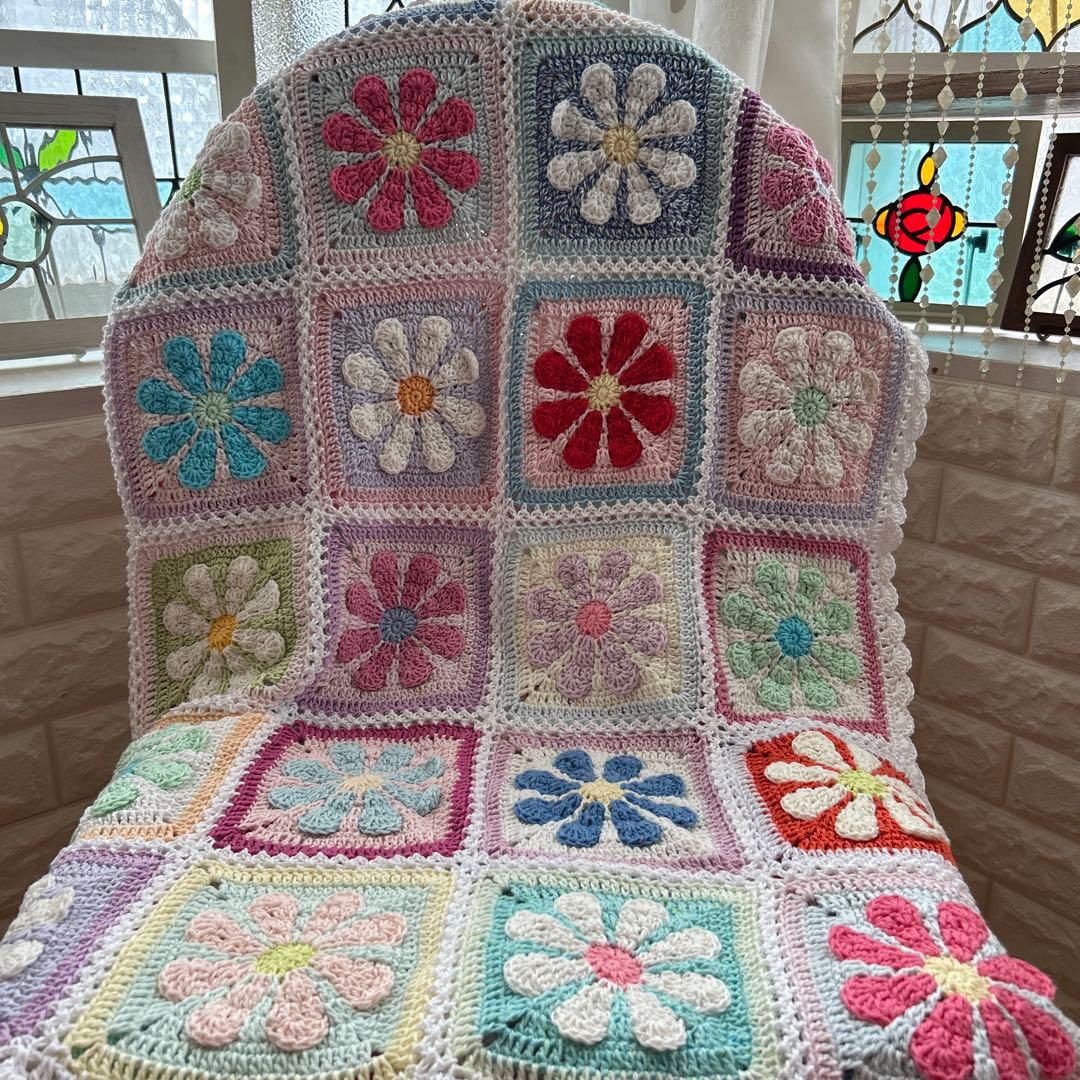 デイジーモチーフ 手編み マルチカバー ブラケット 大判 コットン