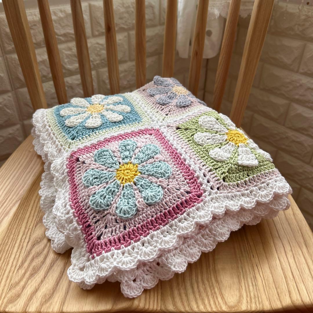 デイジーモチーフ 手編み マルチカバー ブラケット 大判 コットン