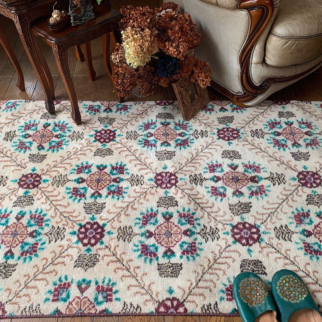 トルコヴィンテージラグ　大判ロング　225×98フラワー　ボルドー　ウール　厚み