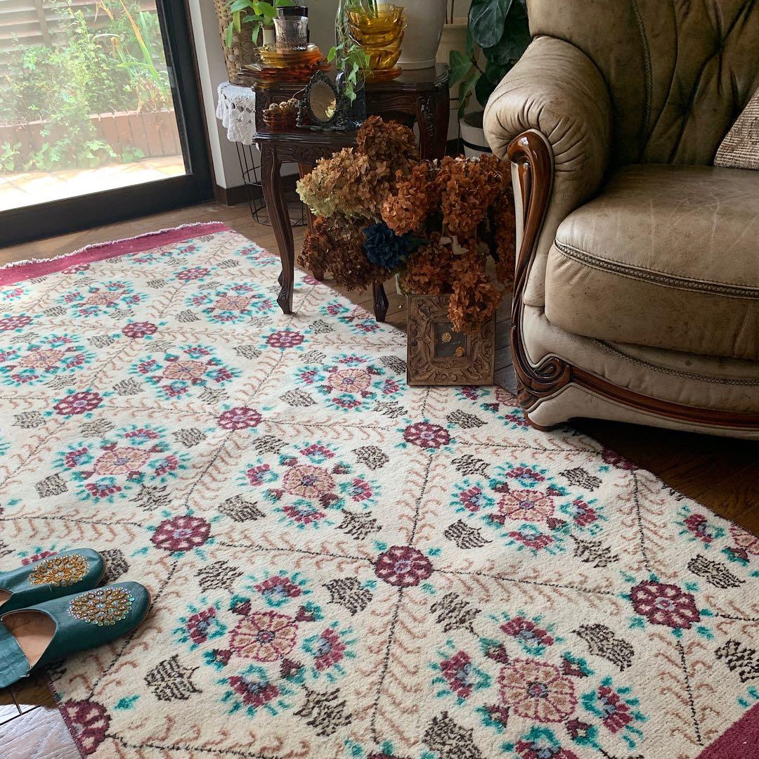 トルコヴィンテージラグ　大判ロング　225×98フラワー　ボルドー　ウール　厚み