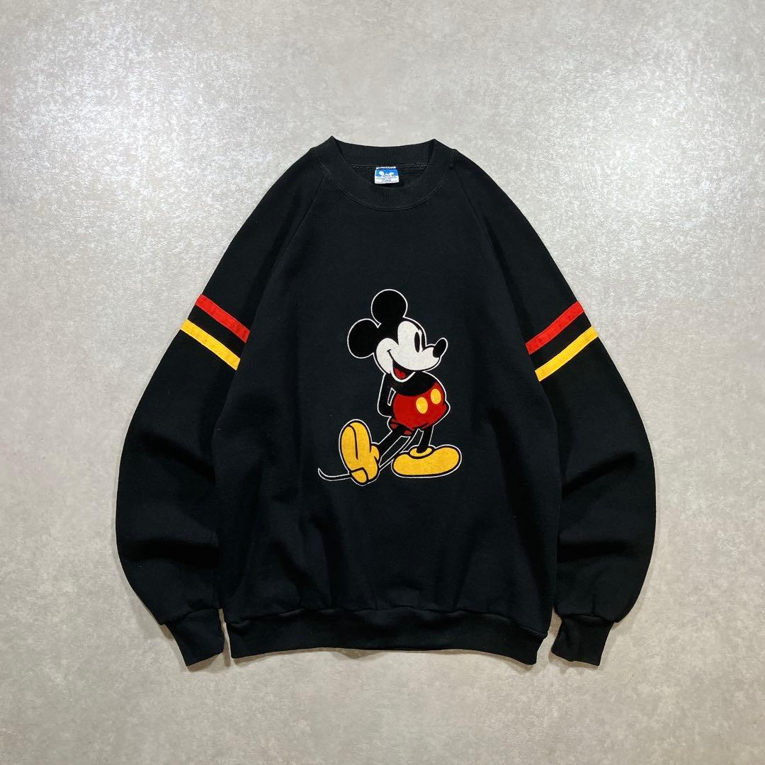 80s USA製 Disney ミッキー ラグランスウェット ブラック 黒 XL