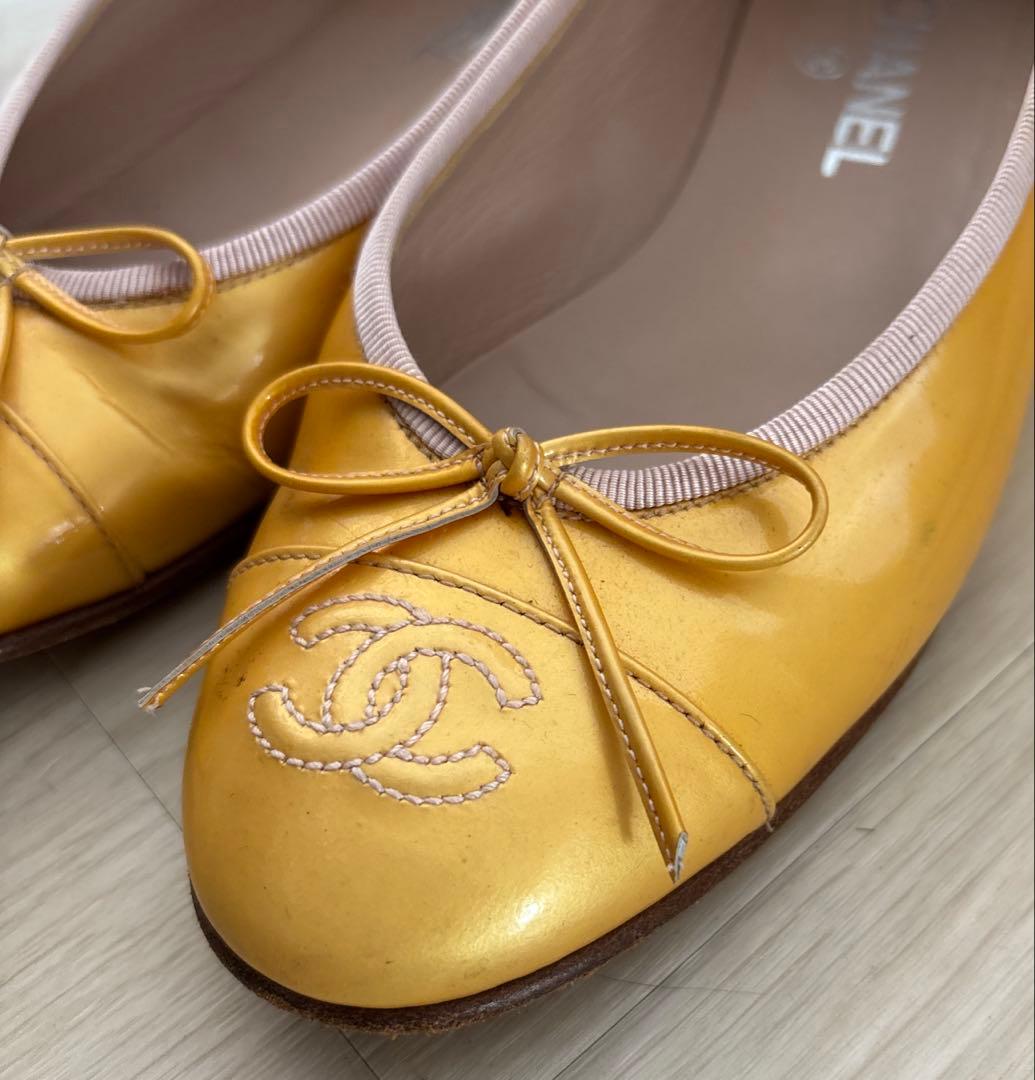 CHANEL シャネル　イエロー リボン付き フラットシューズ