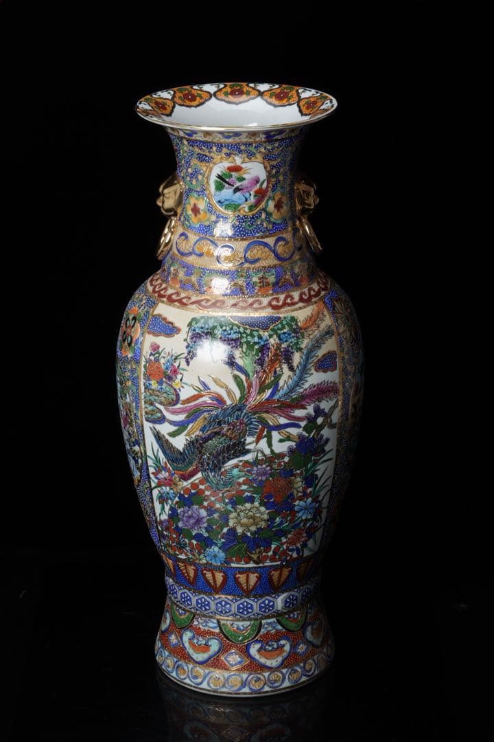 薩摩焼 金薩摩 花鳥紋 大花瓶 鶴 鳳凰 高さ61.5㎝ 壺 耳付き 古美術品