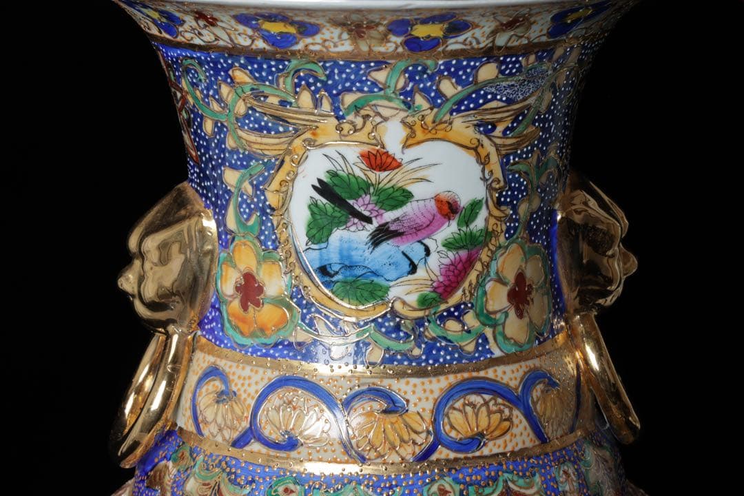 薩摩焼 金薩摩 花鳥紋 大花瓶 鶴 鳳凰 高さ61.5㎝ 壺 耳付き 古美術品