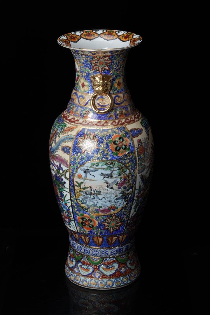 薩摩焼 金薩摩 花鳥紋 大花瓶 鶴 鳳凰 高さ61.5㎝ 壺 耳付き 古美術品